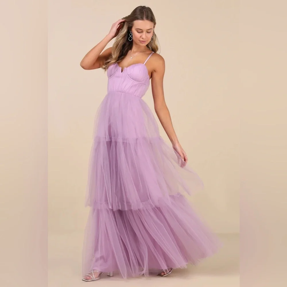 NWT Lulus unforgettable poise lilac tulle bustier tiered maxi dress - Picture 3 of 4